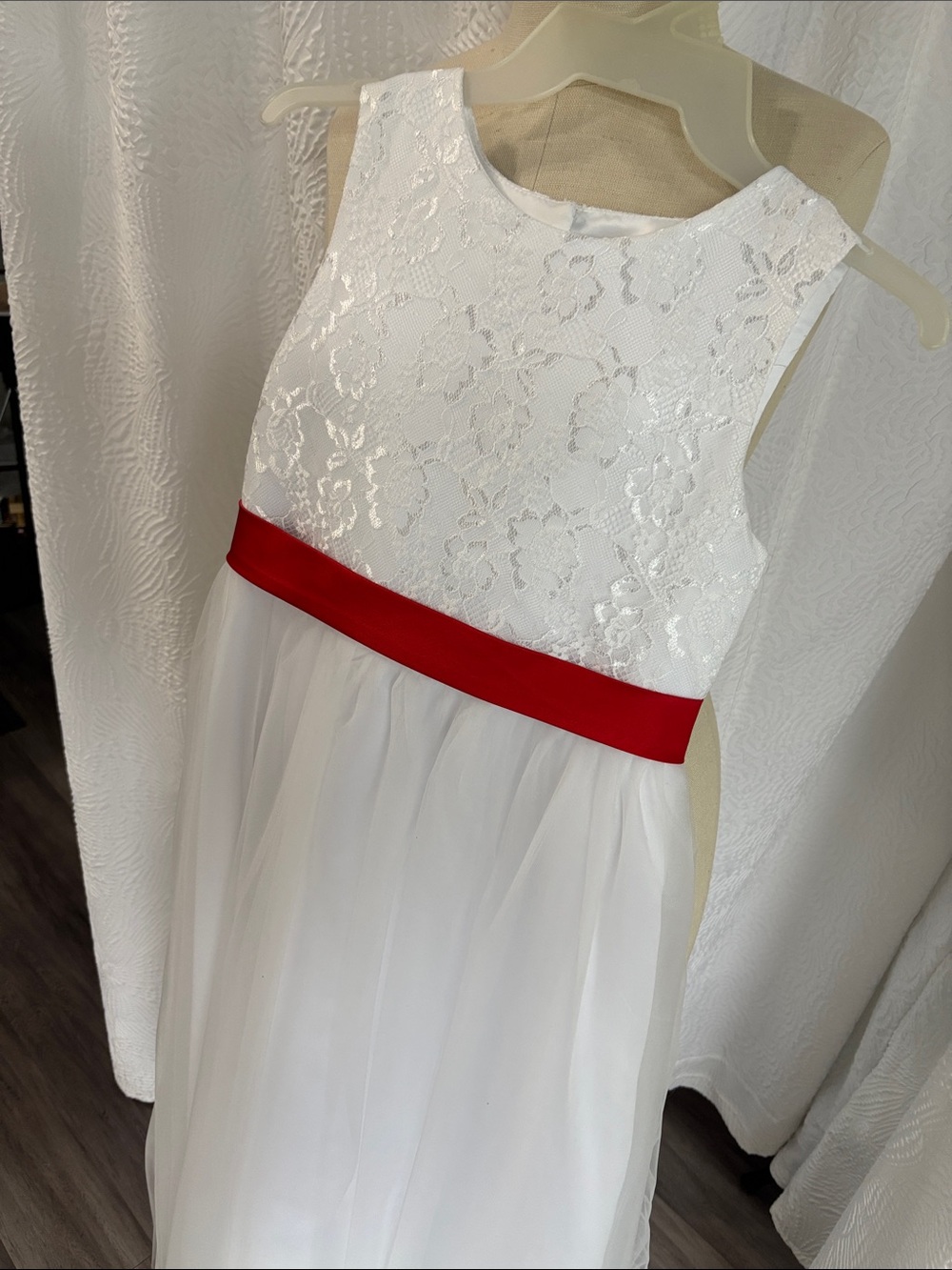 White Lace Girls Formal Dress with Red Waist Sash